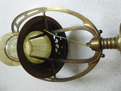 Lot 1041 - An Art Nouveau Brass Harp Gas Pendant Lamp, with vaseline glass shade, 95cm