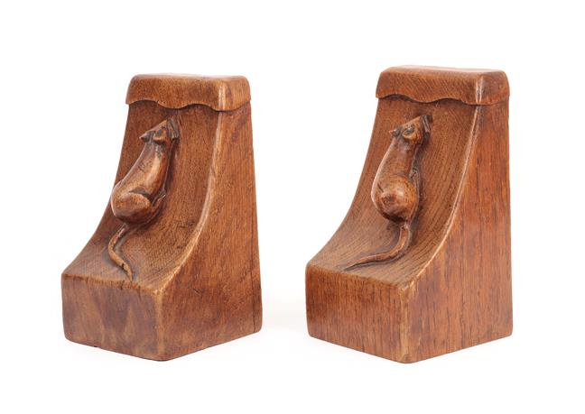 Lot 1052 - Robert Mouseman Thompson (1876-1955): A Pair of English Oak Single Mouse Bookends, with wavy...
