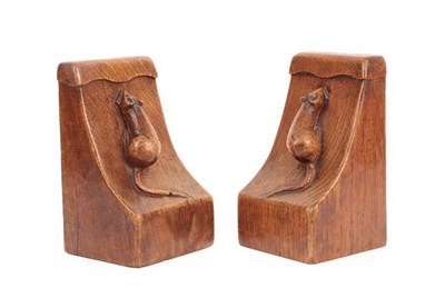 Lot 1052 - Robert Mouseman Thompson (1876-1955): A Pair of English Oak Single Mouse Bookends, with wavy...