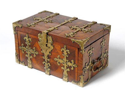 Lot 1340 - A Franco-Flemish Brass Bound Walnut Coffre Fort, late 17th/ early 18th century, with fleur de...