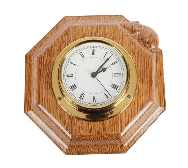 Lot 1082 - Workshop of Robert Mouseman Thompson (Kilburn): An English Oak Clock, with carved mouse...