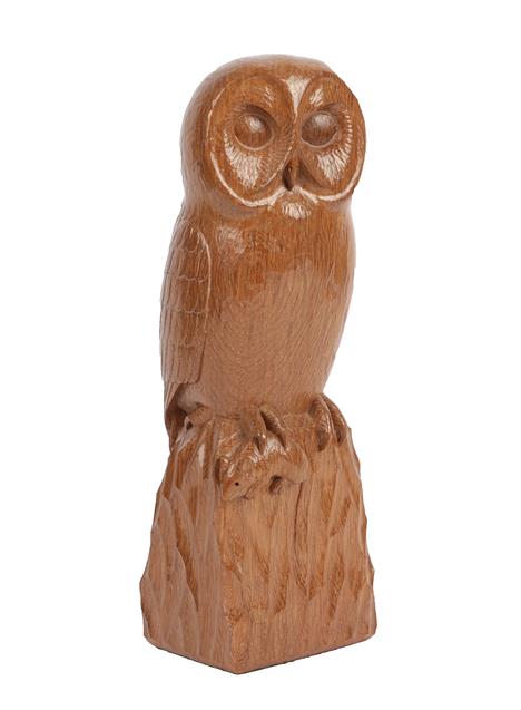 Lot 1085 - Workshop of Robert Mouseman Thompson (Kilburn): An English Oak Owl, carved as a standing owl...