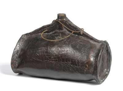 Lot 1348 - A Leather Costrel, 18th century, with cylindrical spout and stitched handle and ends, 36cm long