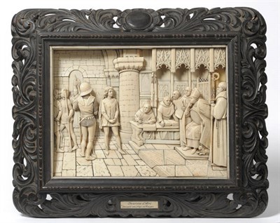 Lot 1350 - A Dieppe Ivory Plaque, circa 1860, depicting JEANNE D'ARC DEVANT CES JUGE SA ROUEN, the...