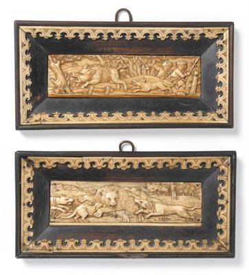 Lot 1353 - A Pair of a German Carved Bone Plaques depicting Hunting Scenes in 17th Century Style, one...