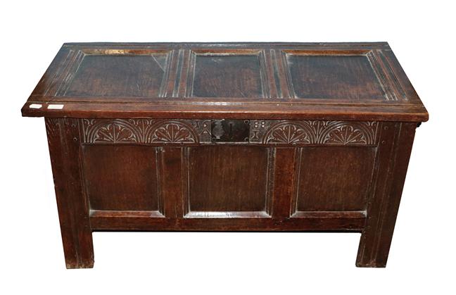 Lot 455 - ~ A Late 17th Century Joined Oak Chest, dated 1688 and initialled I.A, the hinged lid with...