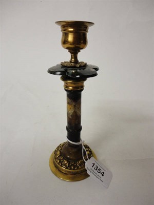 Lot 1354 - A Derbyshire Blue John Spar, Moss Agate and Gilt Brass Table Candlestick, 19th century, the campana