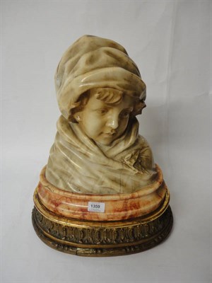 Lot 1359 - A Carved Alabaster Figure of a Girl, late 19th/early 20th century, in hat and cloak with a leaf...