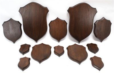Lot 80 - Shields: Twelve Various Oak Mounting Shields, modern, twelve hand crafted oak mounting shields...