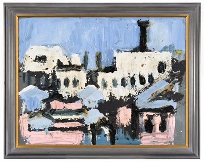 Lot 2080 - Joash Woodrow (1927-2006) ''White Buildings Black Chimney'' Oil on board, 75cm by 98cm  Provenance
