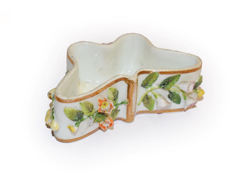 Lot 31 - A Rockingham Porcelain 'Butterfly' box (lacking cover), decorated with applied Dresden flowers,...