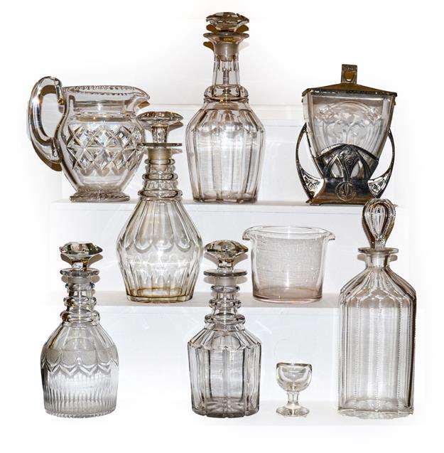 Lot 33 - A tray of mainly antique glass including Georgian decanters, a jug, eye bath, wine rinser and...