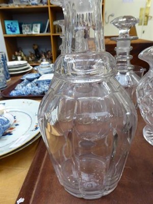 Lot 33 - A tray of mainly antique glass including Georgian decanters, a jug, eye bath, wine rinser and...