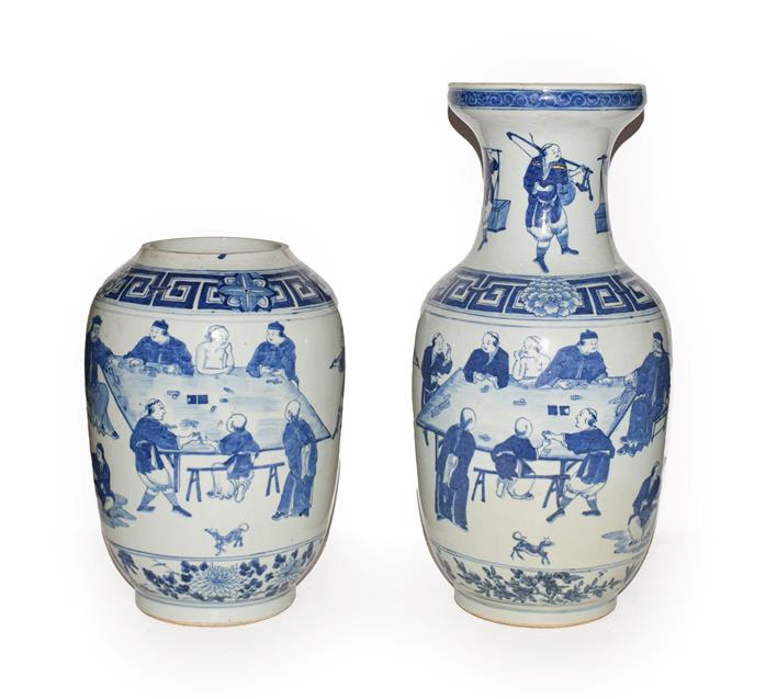 Lot 36 - Pair of late 19th/early 20th century Chinese blue and white vases, decorated with figures in...