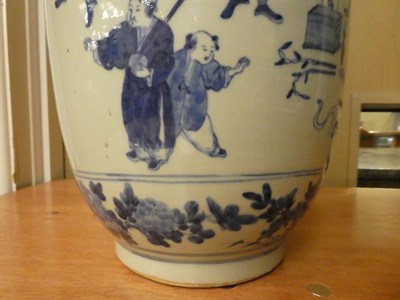 Lot 36 - Pair of late 19th/early 20th century Chinese blue and white vases, decorated with figures in...