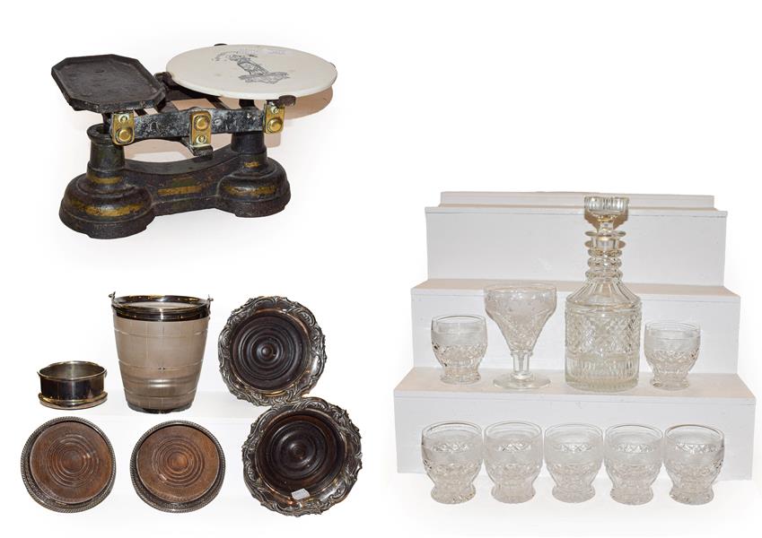 Lot 48 - A tray of glass and silver plate including three pairs of wine coasters, cigar cutter, ice...