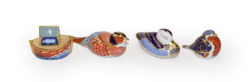 Lot 57 - Royal Crown Derby Imari paperweights, Robin, Pheasant, Duck, and Noahs Ark all with original...
