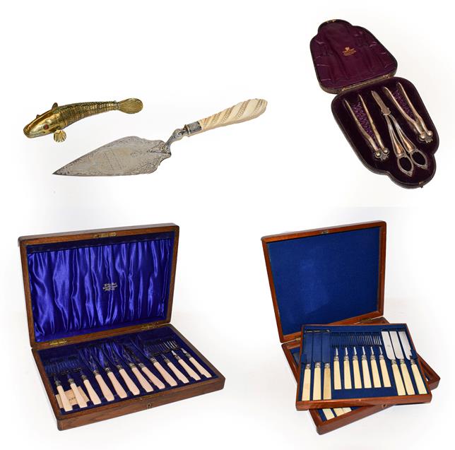 Lot 58 - A cased set of silver plated fish knives and forks, another set of fruit knives and forks, a...