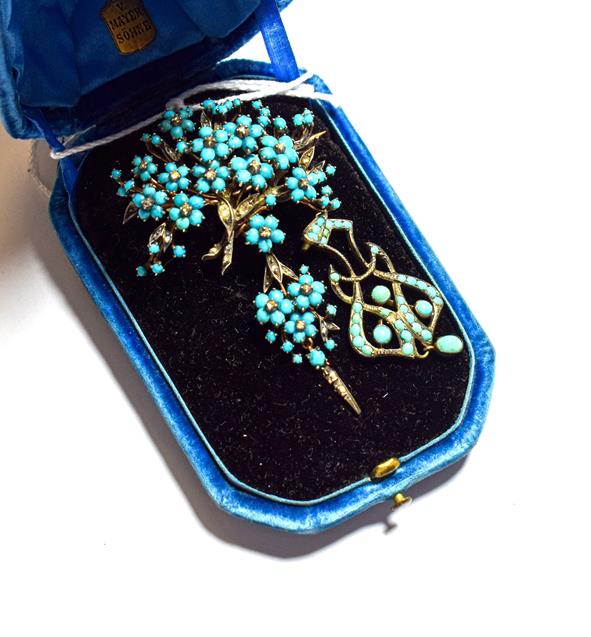 Lot 60 - A blue glass and diamond brooch/pendant, length 6.6cm and a blue turquoise glass and rose cut...