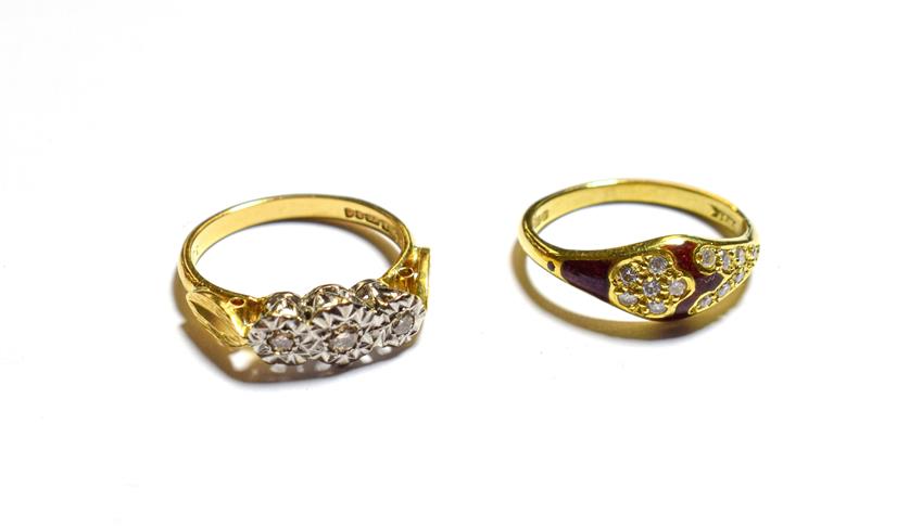Lot 61 - An 18 carat gold diamond three stone ring, finger size L1/2 and an 18 carat gold red enamel and...