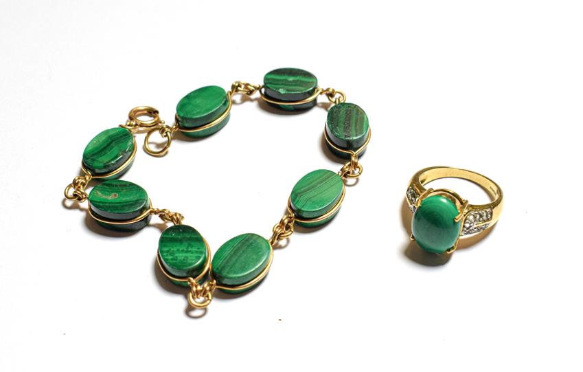 Lot 63 - A malachite bracelet, length 21cm and a 9 carat gold malachite ring, finger size M1/2
