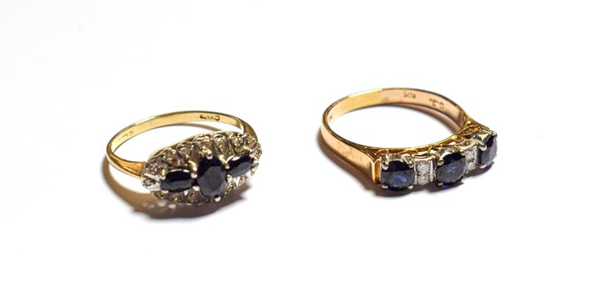 Lot 69 - A sapphire and diamond ring, stamped '585', finger size P and a 9 carat gold sapphire and...