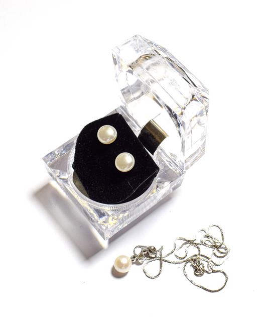Lot 70 - A diamond and cultured pearl pendant on chain, pendant length 2.2cm, chain length 40.5cm and a pair