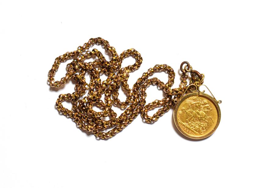 Lot 74 - An 1899 gold sovereign, in a 9 carat gold mount, on a plated chain, chain length 70cm