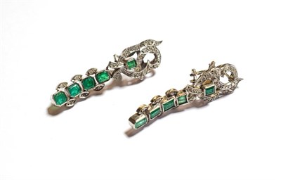 Lot 79 - A pair of emerald and diamond drop earrings, length 5.2cm, with post and clip fittings