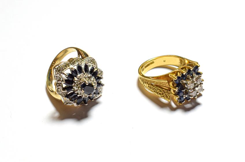 Lot 87 - An 18 carat gold sapphire and diamond cluster ring, finger size I and a 9 carat gold sapphire...