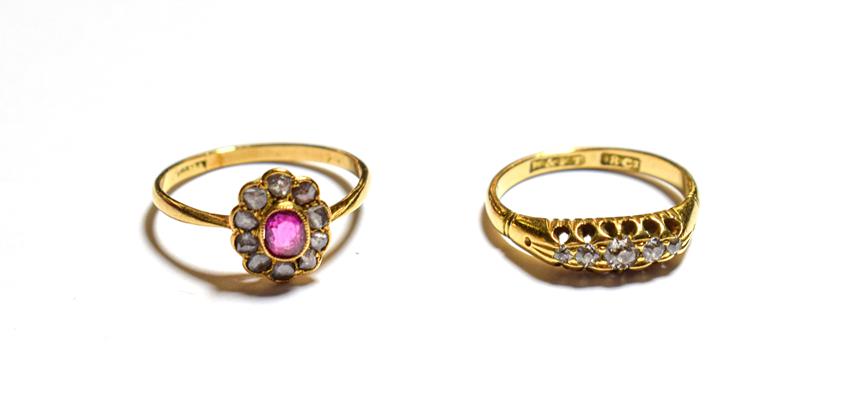 Lot 88 - A diamond five stone ring, stamped '18CT', finger size K1/2 and a pink sapphire and diamond cluster