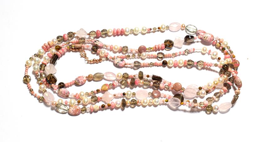 Lot 89 - A multi-gemstone bead necklace, cultured pearls spaced by rhodochrosite, rose quartz, smoky quartz