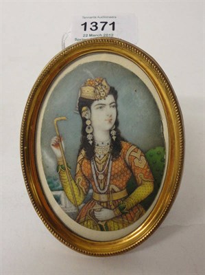 Lot 1371 - Indian School: Portrait of a Lady, half length, wearing a feathered cap, brocade dress and...