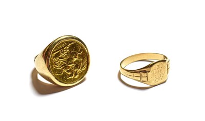 Lot 114 - A 1911 sovereign ring, finger size T1/2 and a signet ring, finger size Y