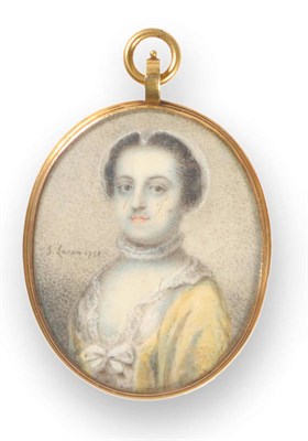 Lot 1373 - J La Conte: Portrait Miniature of a Young Woman, wearing a lace bonnet, collar and yellow...