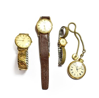 Lot 135 - A 14K gold gents wristwatch and another gold wristwatch, a lady's watch and a pocket watch