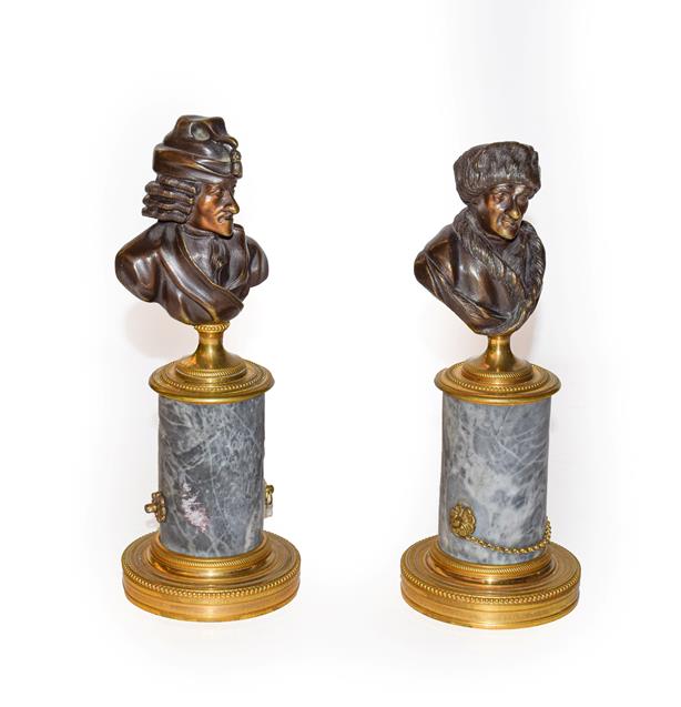 Lot 140 - A pair of 20th century continental miniature cast bronze busts, each on gilt bronze and grey marble