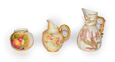 Lot 148 - Two Royal Worcester blush ivory jugs, largest 15cm, together with a Royal Worcester fruit...