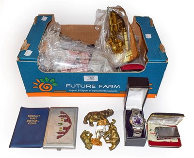 Lot 160 - Miscellaneous including watches, anniversary clock, lighters, police whistle, coins, stamps etc...