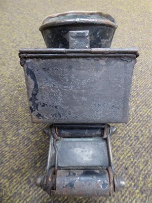 Lot 170 - Two trays of cycling and motorcycling lamps, including a Millers Patent Bell Rock carbide lamp,...