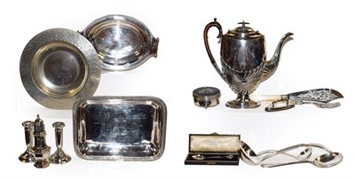 Lot 174 - Plated oval tray, two dish bases, ladles, hot water pot, pair of silver candlesticks, silver...
