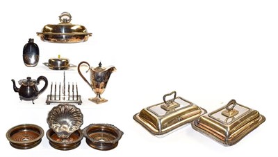 Lot 177 - Two trays of mixed silver plated items to include three entree dishes with covers, wine...
