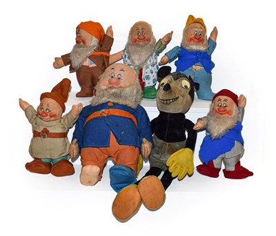 Lot 179 - Set of six Chad Valley dwarves with pressed and painted faces and cloth bodies, circa 1930s...
