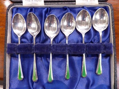 Lot 180 - Set of silver and enamel teaspoons (cased), set of six silver coffee spoons (cased), silver...