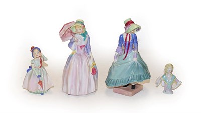 Lot 183 - Three Royal Doulton figures, Pantalettes, Miss Demure and Babie and Continental porcelain pin...