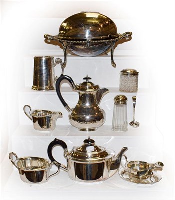 Lot 189 - Silver topped dressing table jar and a quantity of silver plate, including three part tea set,...