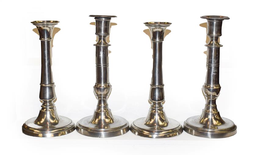 Lot 198 - A pair of 19th century pewter ejector candlesticks, of cannon barrel form together with a...