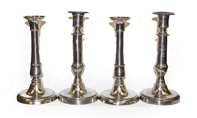 Lot 198 - A pair of 19th century pewter ejector candlesticks, of cannon barrel form together with a...