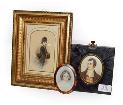 Lot 211 - A 19th century oval portrait miniature of a young girl in tortoiseshell frame with brass and...