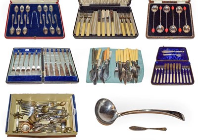 Lot 227 - A set of twelve silver teaspoons and tongs (cased), cased plated wares, oak canteen of...